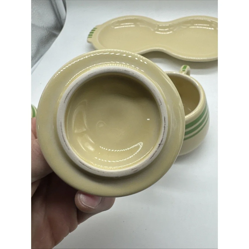Fiesta Ware HLCCA  Covered Sugar Bowl & Creamer Figure 8 Tray Green Stripe